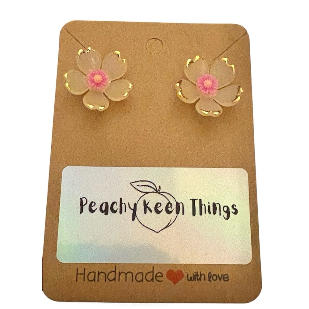 Lucite Cherry Blossom Flower Earrings with Cabohon Centers and 925 Posts. - Picture 2 of 11